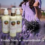 Lavender Hemp hand and body lotion in front of basket by Anarres