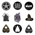 A collage of enamel pins with a witchy theme